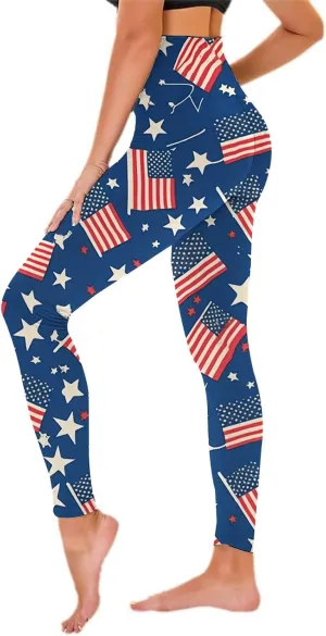 Women High Waist American Flag Leggings Comfort Stretch Yoga Workout Gym Pants USA Flag Patriotic Tights