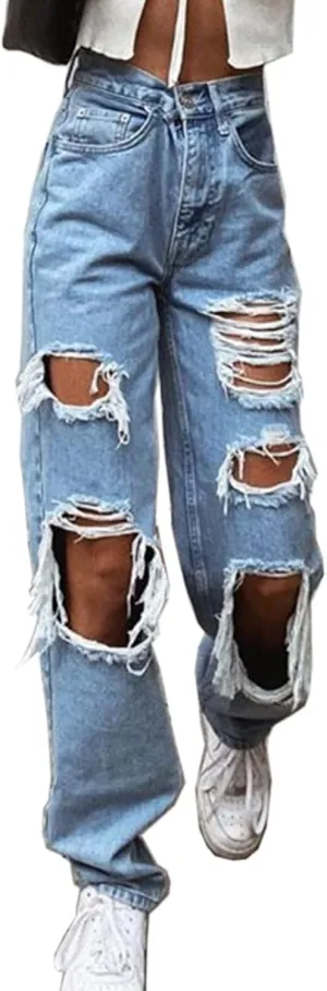 Women High Waisted Baggy Ripped Jeans Boyfriend Fashion Large Denim Baggy Blue Jeans for Girls