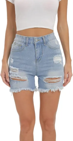 Women Jean Shorts High Waist Cute Distressed Ripped Frayed Hem Denim Shorts