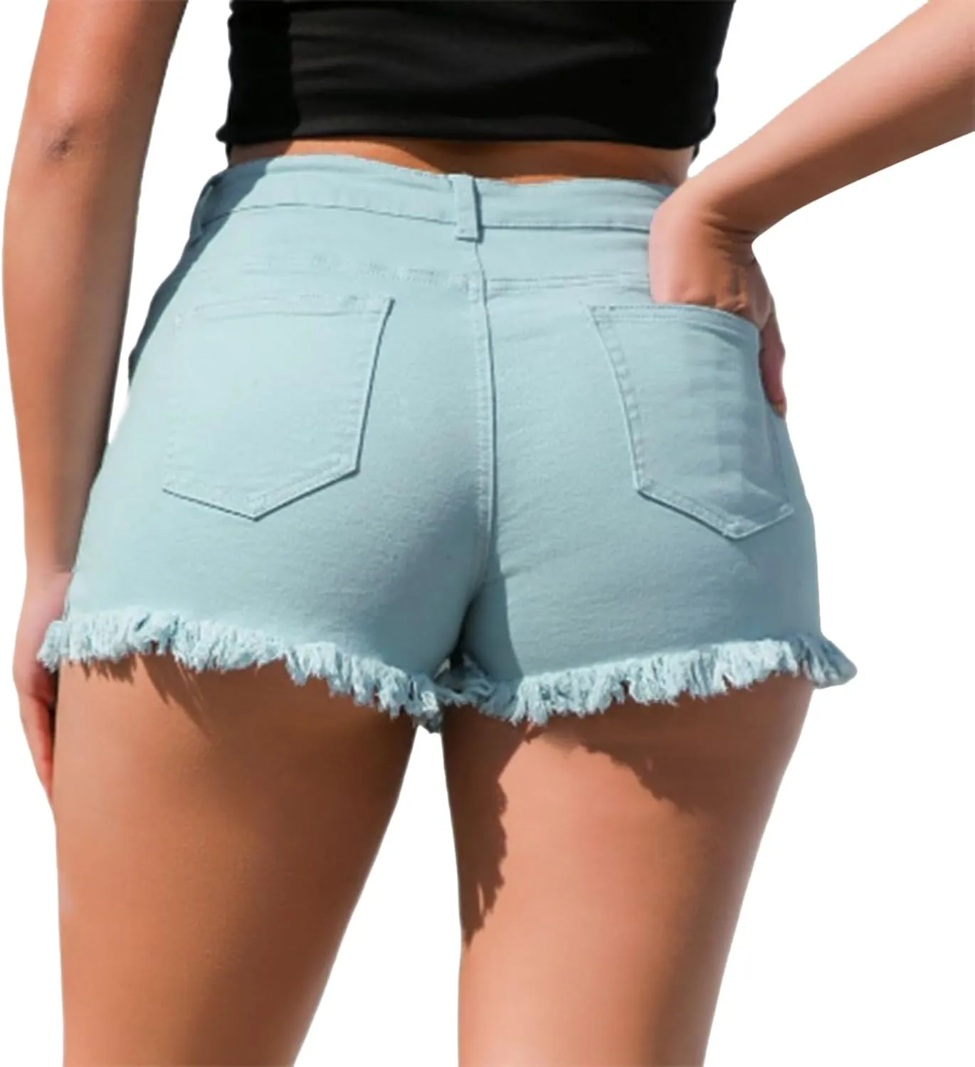 Women Jean Shorts High Waisted Distressed Stretchy Denim Shorts for Women Ripped Tassel Frayed Summer Casual Cut Off Shorts