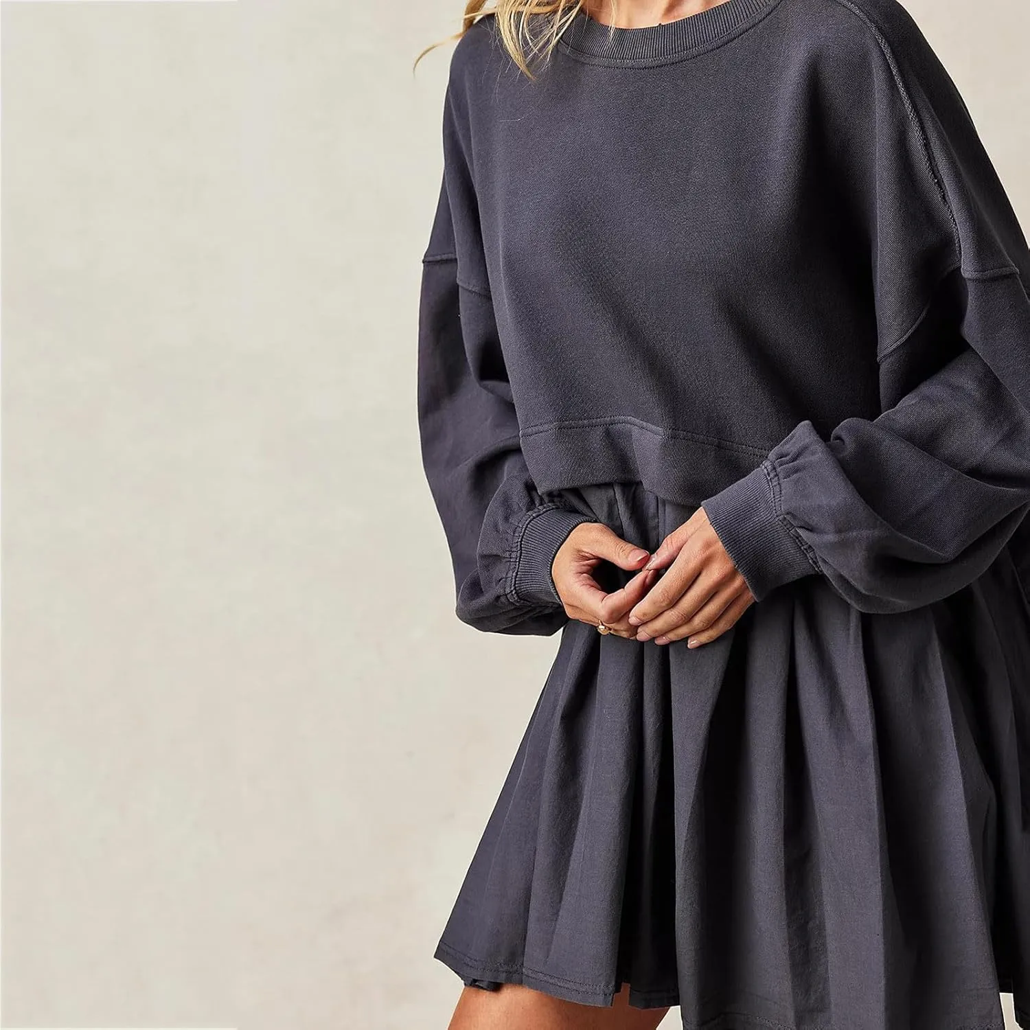 Women Oversized Sweatshirts Dress Long Sleeve Crewneck Patchwork Pleated Pullover Top Mini Dress Fall Outfits 2024