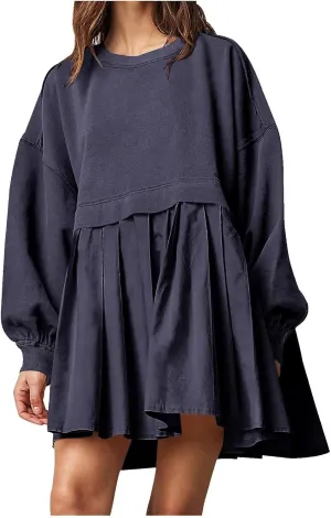 Women Oversized Sweatshirts Dress Long Sleeve Crewneck Patchwork Pleated Pullover Top Mini Dress Fall Outfits 2024
