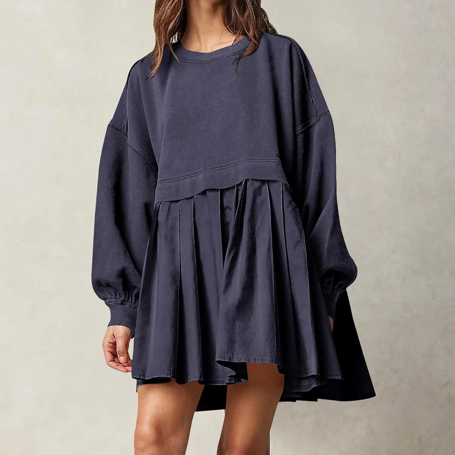 Women Oversized Sweatshirts Dress Long Sleeve Crewneck Patchwork Pleated Pullover Top Mini Dress Fall Outfits 2024