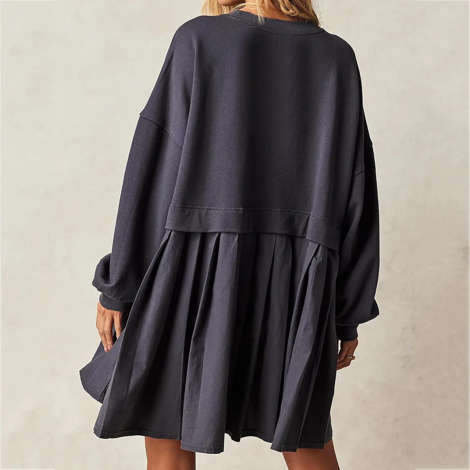 Women Oversized Sweatshirts Dress Long Sleeve Crewneck Patchwork Pleated Pullover Top Mini Dress Fall Outfits 2024