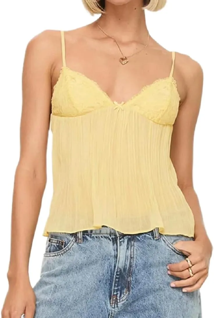Women Pleated Camisole Sexy Sheer Mesh Spaghetti Strap Tank Top Lace Trim V Neck Bustier Cami Tops Streetwear