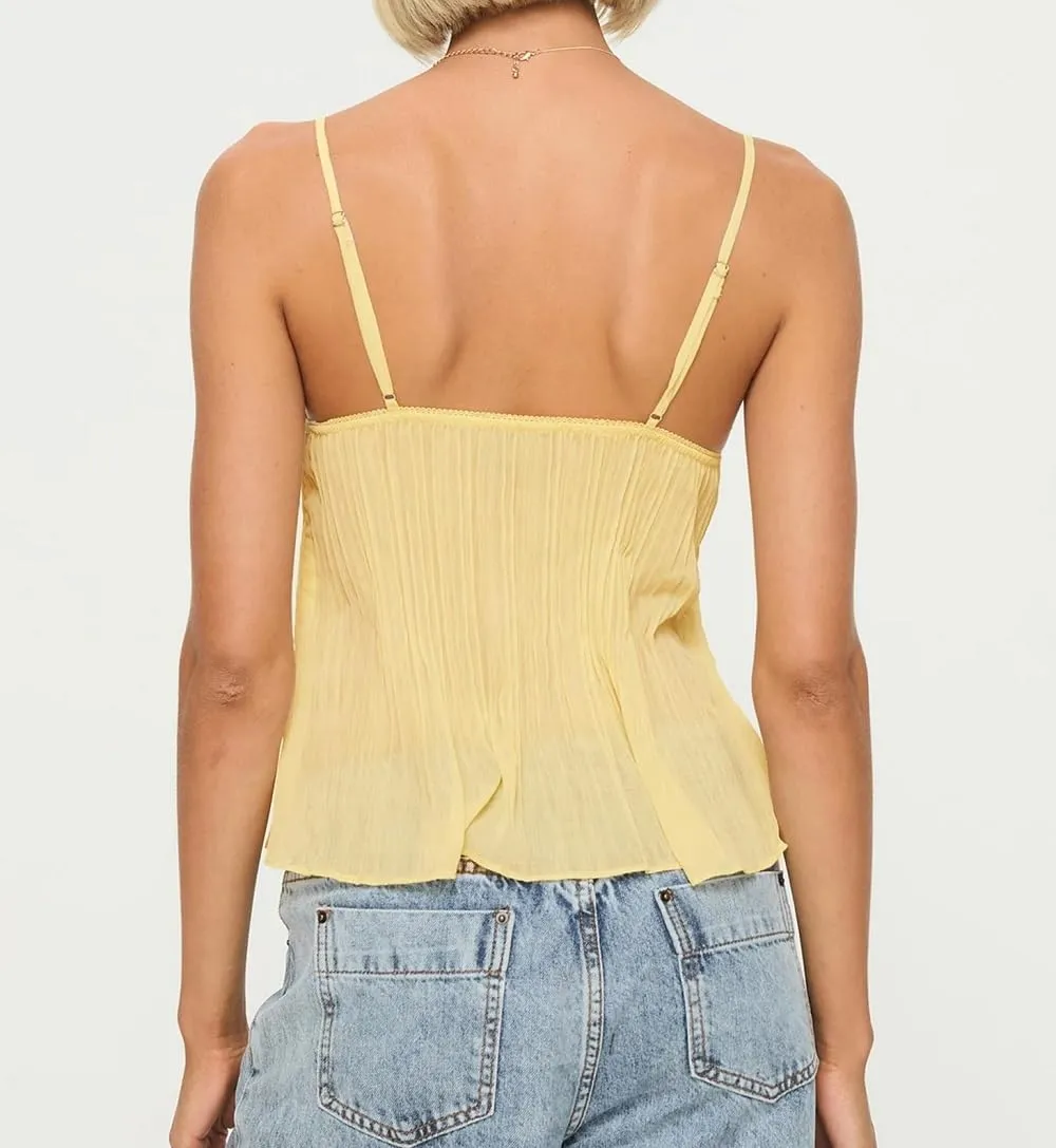 Women Pleated Camisole Sexy Sheer Mesh Spaghetti Strap Tank Top Lace Trim V Neck Bustier Cami Tops Streetwear