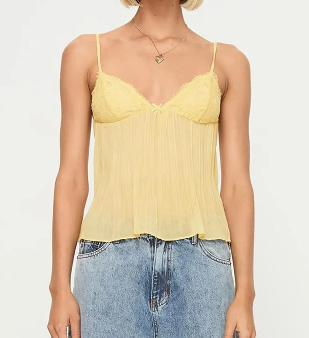 Women Pleated Camisole Sexy Sheer Mesh Spaghetti Strap Tank Top Lace Trim V Neck Bustier Cami Tops Streetwear