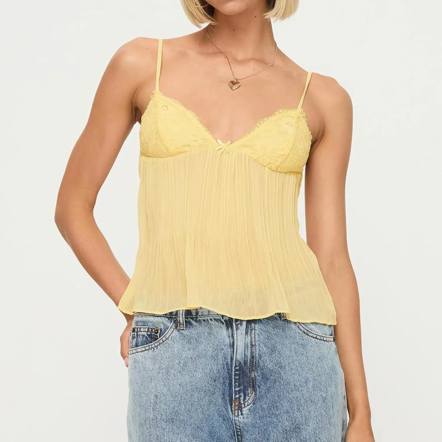Women Pleated Camisole Sexy Sheer Mesh Spaghetti Strap Tank Top Lace Trim V Neck Bustier Cami Tops Streetwear