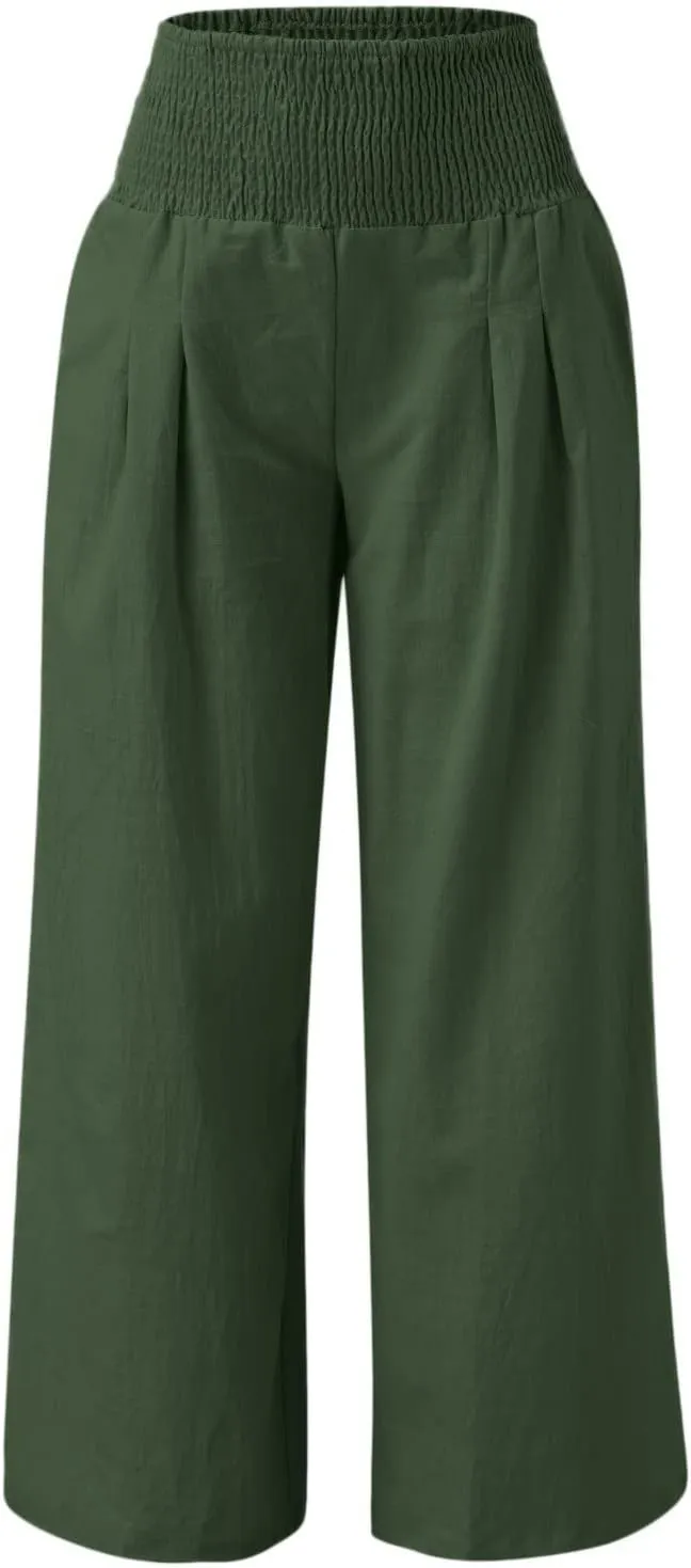 Women Summer Flowy Pants Cotton Linen Palazzo Wide Leg Pant Beach High Waisted Trousers Boho Long Lounge Pant with Pockets