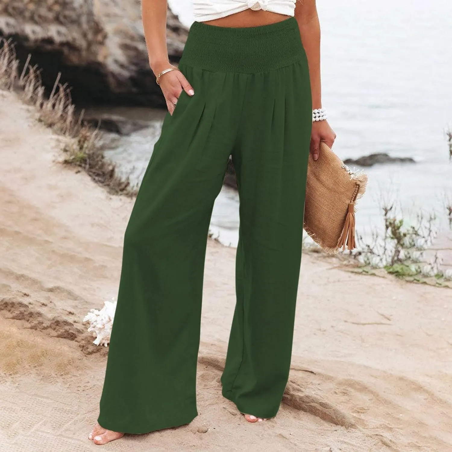 Women Summer Flowy Pants Cotton Linen Palazzo Wide Leg Pant Beach High Waisted Trousers Boho Long Lounge Pant with Pockets