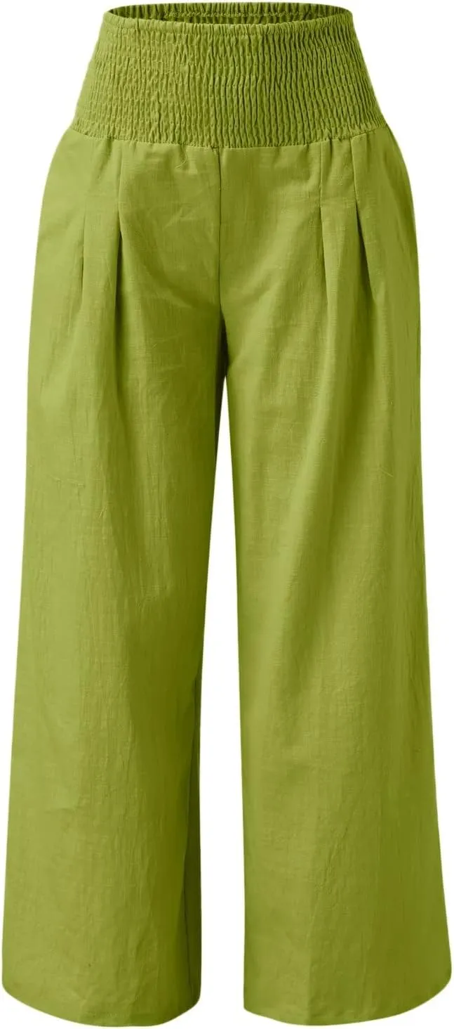 Women Summer Flowy Pants Cotton Linen Palazzo Wide Leg Pant Beach High Waisted Trousers Boho Long Lounge Pant with Pockets