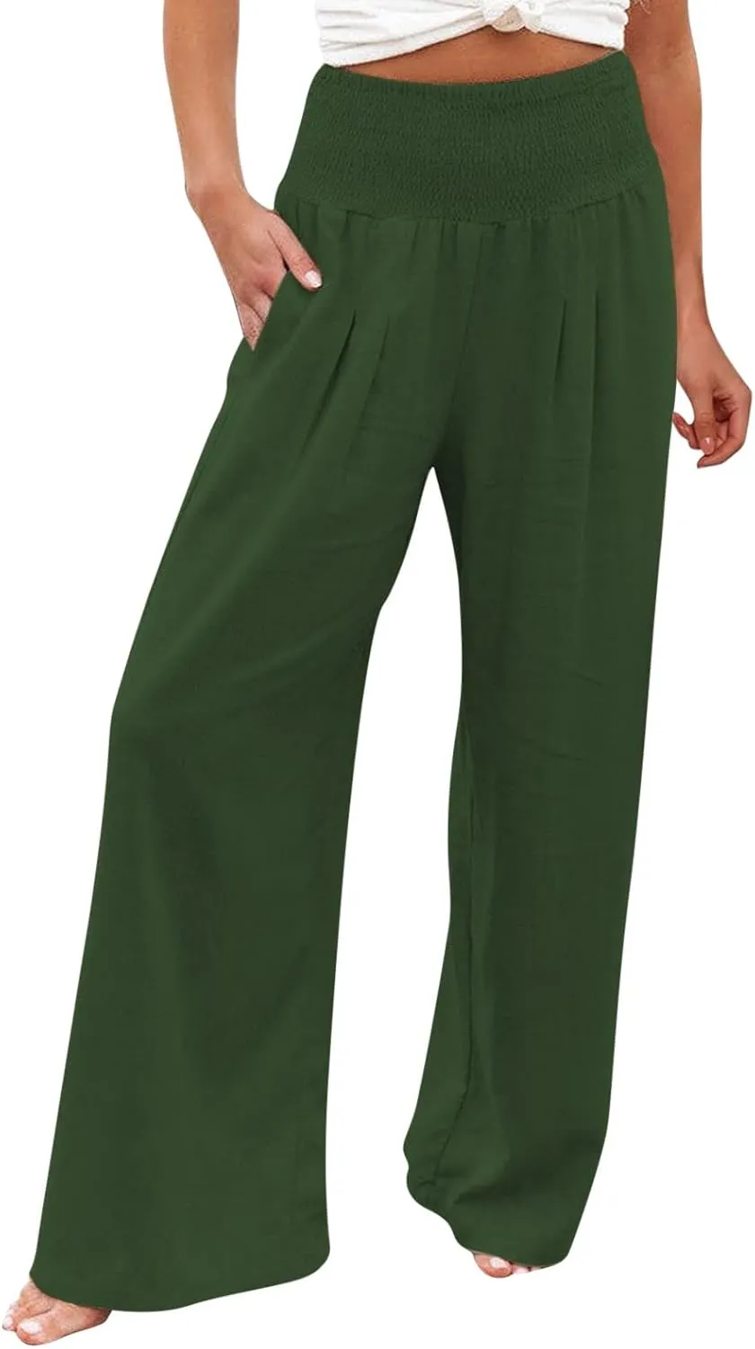 Women Summer Flowy Pants Cotton Linen Palazzo Wide Leg Pant Beach High Waisted Trousers Boho Long Lounge Pant with Pockets