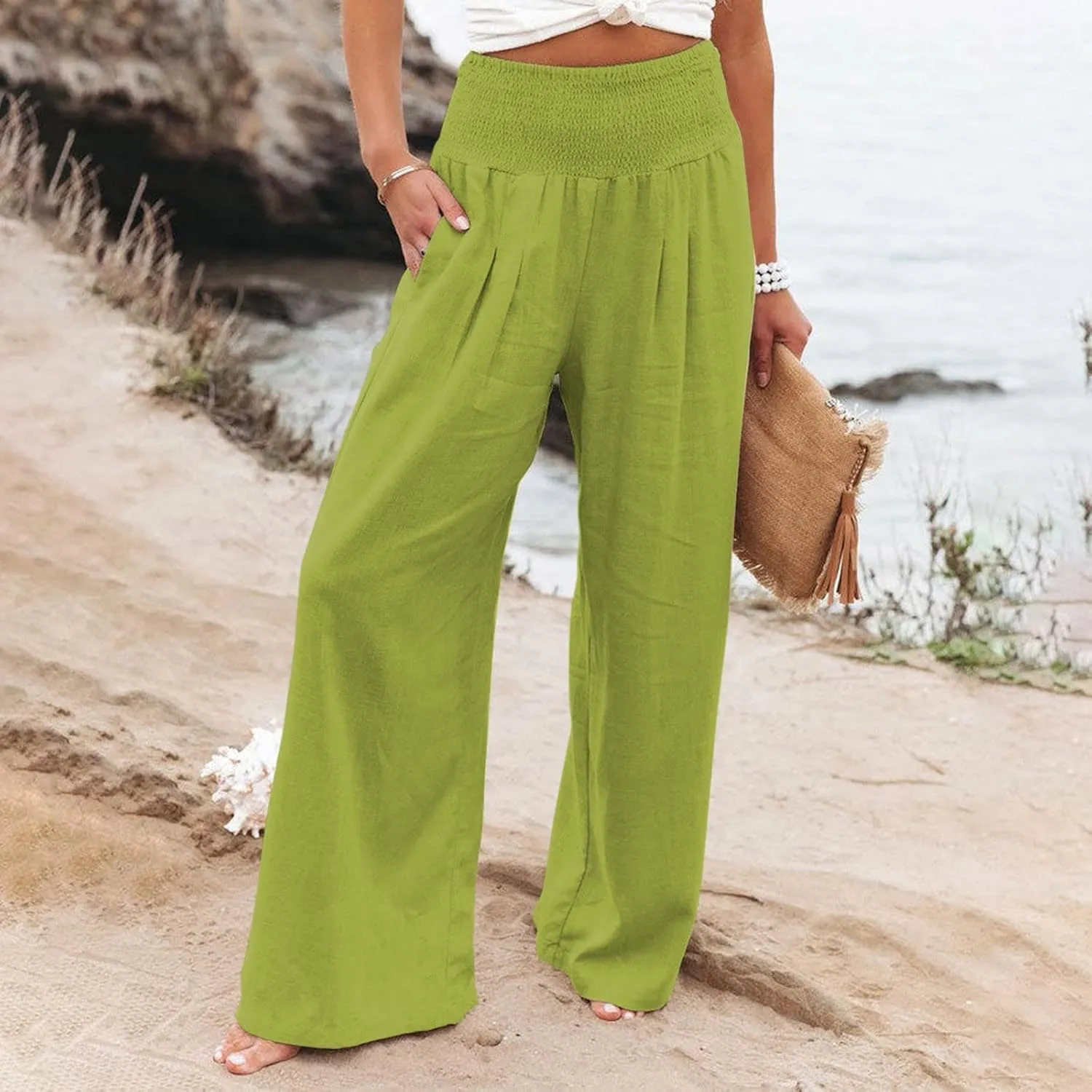 Women Summer Flowy Pants Cotton Linen Palazzo Wide Leg Pant Beach High Waisted Trousers Boho Long Lounge Pant with Pockets