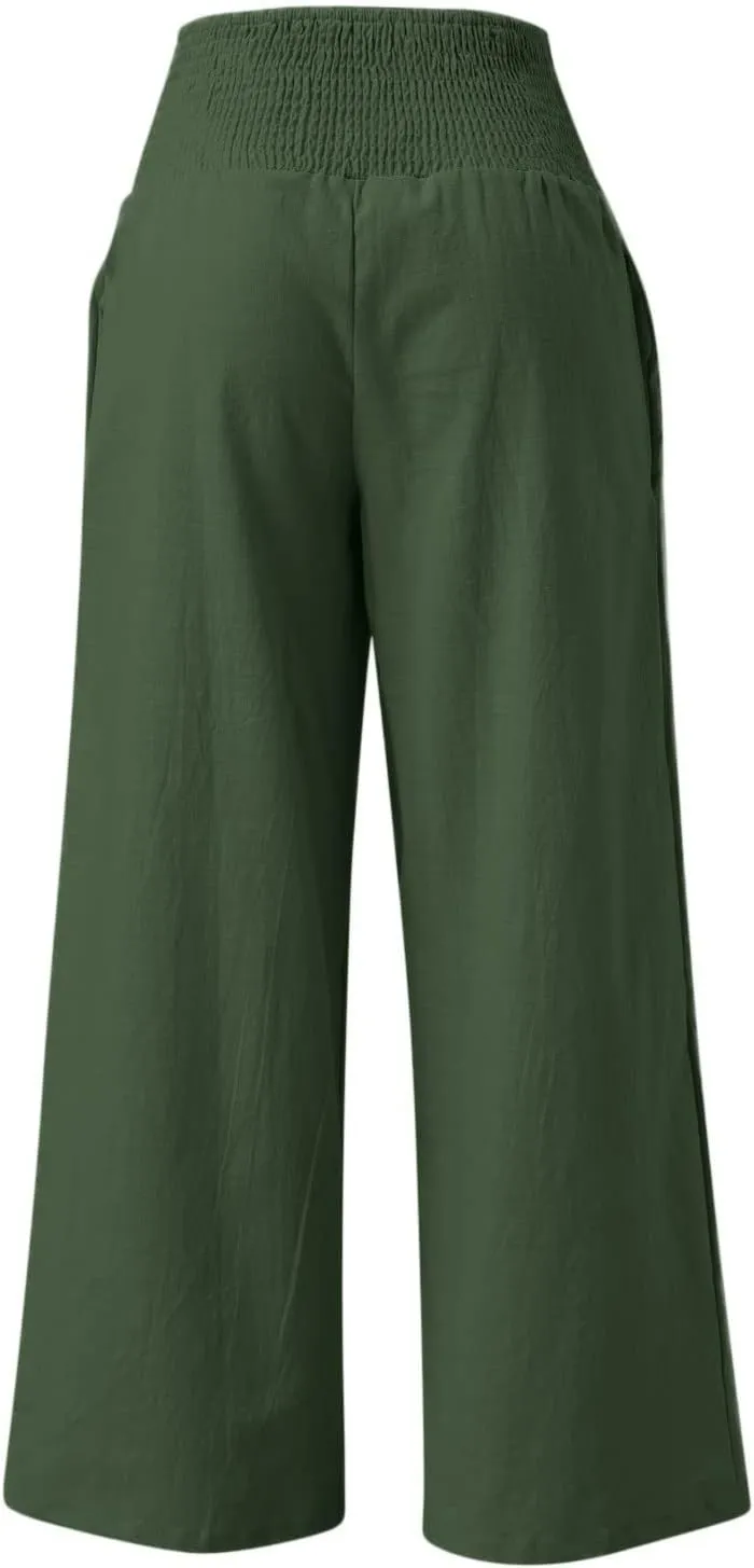 Women Summer Flowy Pants Cotton Linen Palazzo Wide Leg Pant Beach High Waisted Trousers Boho Long Lounge Pant with Pockets