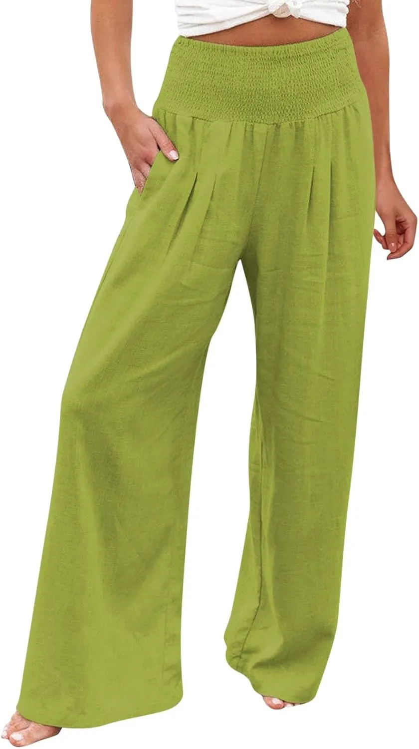 Women Summer Flowy Pants Cotton Linen Palazzo Wide Leg Pant Beach High Waisted Trousers Boho Long Lounge Pant with Pockets