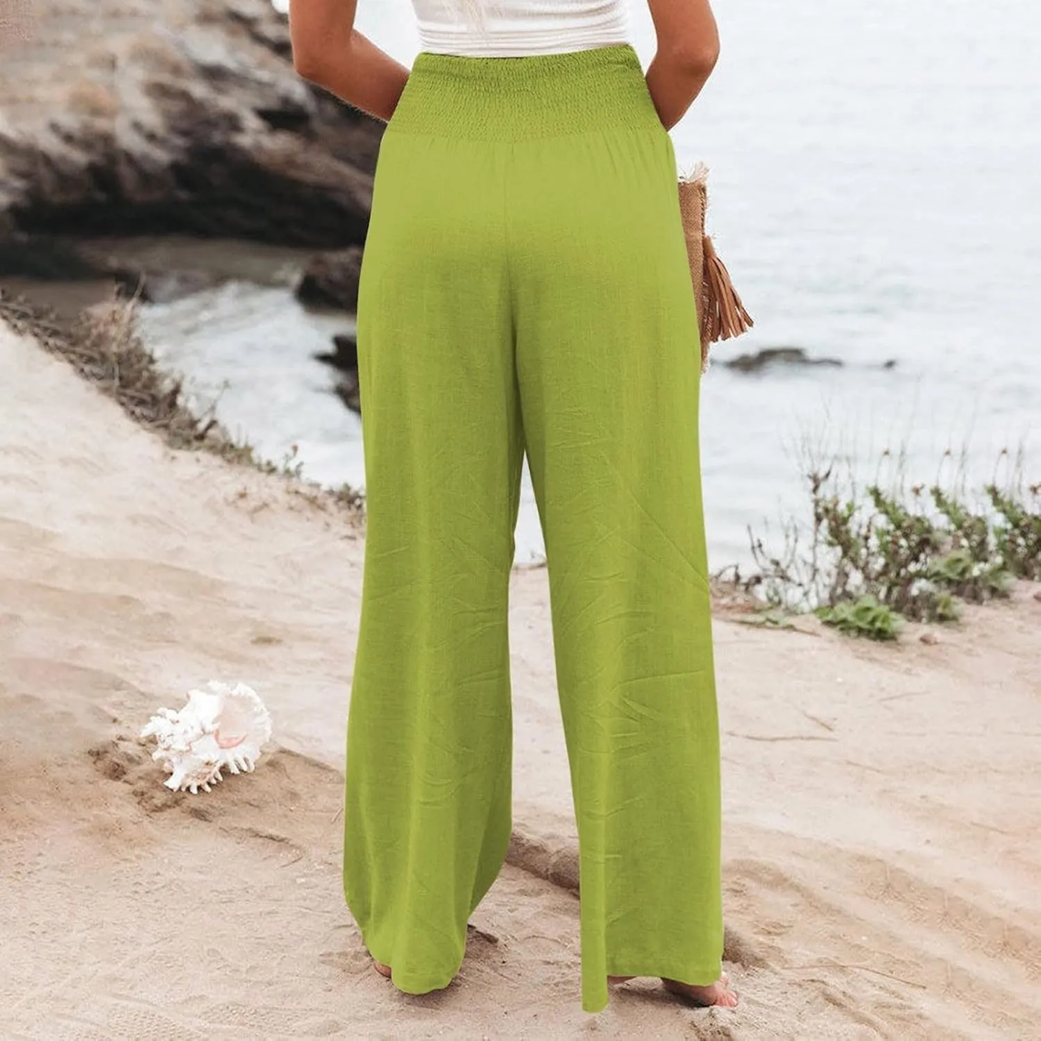 Women Summer Flowy Pants Cotton Linen Palazzo Wide Leg Pant Beach High Waisted Trousers Boho Long Lounge Pant with Pockets