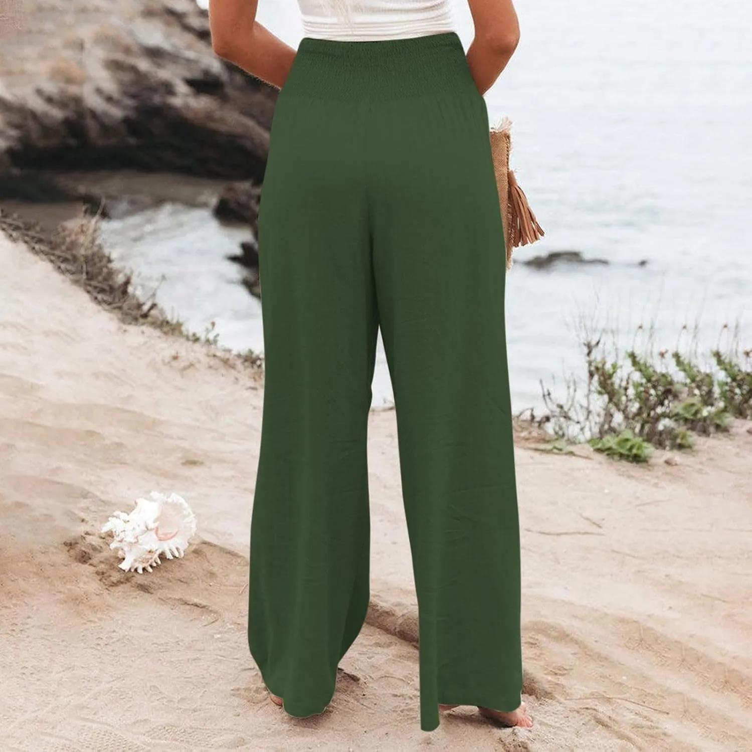 Women Summer Flowy Pants Cotton Linen Palazzo Wide Leg Pant Beach High Waisted Trousers Boho Long Lounge Pant with Pockets