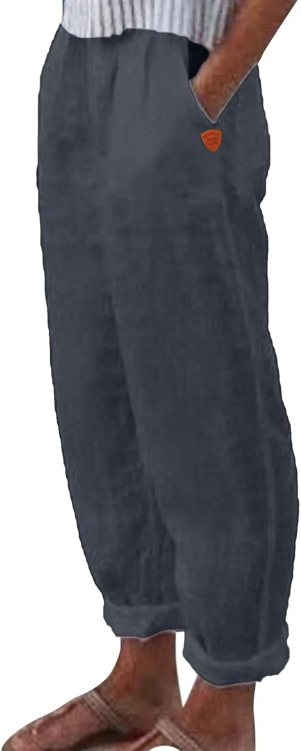 Women Summer Linen Pants High Waisted Relaxed Fit Casual Long Trousers 2025 Beach Slacks with Pockets