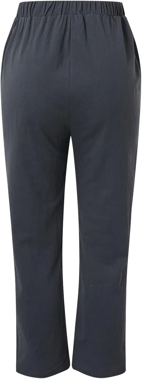 Women Summer Linen Pants High Waisted Relaxed Fit Casual Long Trousers 2025 Beach Slacks with Pockets