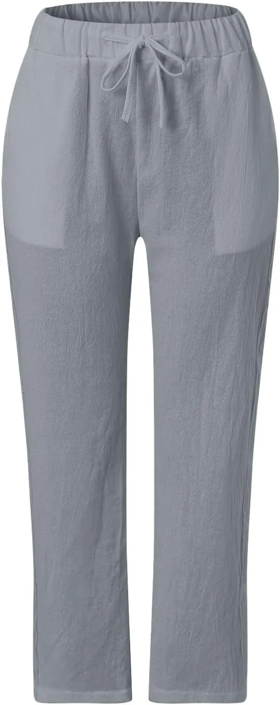 Women Wide Leg Cropped Pants Trendy 2024 Summer Loose Breathable High Waist Drawstring Capri Pant with Pocket for Beach Work