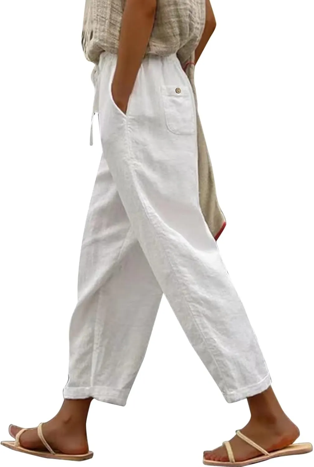 Women Wide Leg Cropped Pants Trendy 2024 Summer Loose Breathable High Waist Drawstring Capri Pant with Pocket for Beach Work