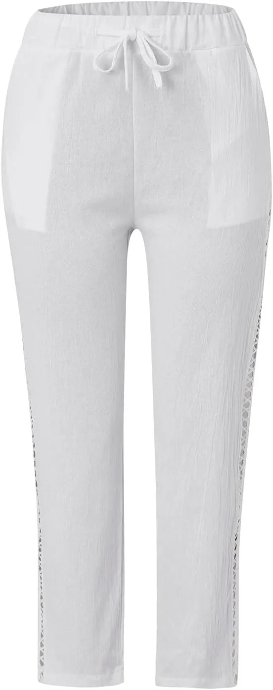 Women Wide Leg Cropped Pants Trendy 2024 Summer Loose Breathable High Waist Drawstring Capri Pant with Pocket for Beach Work