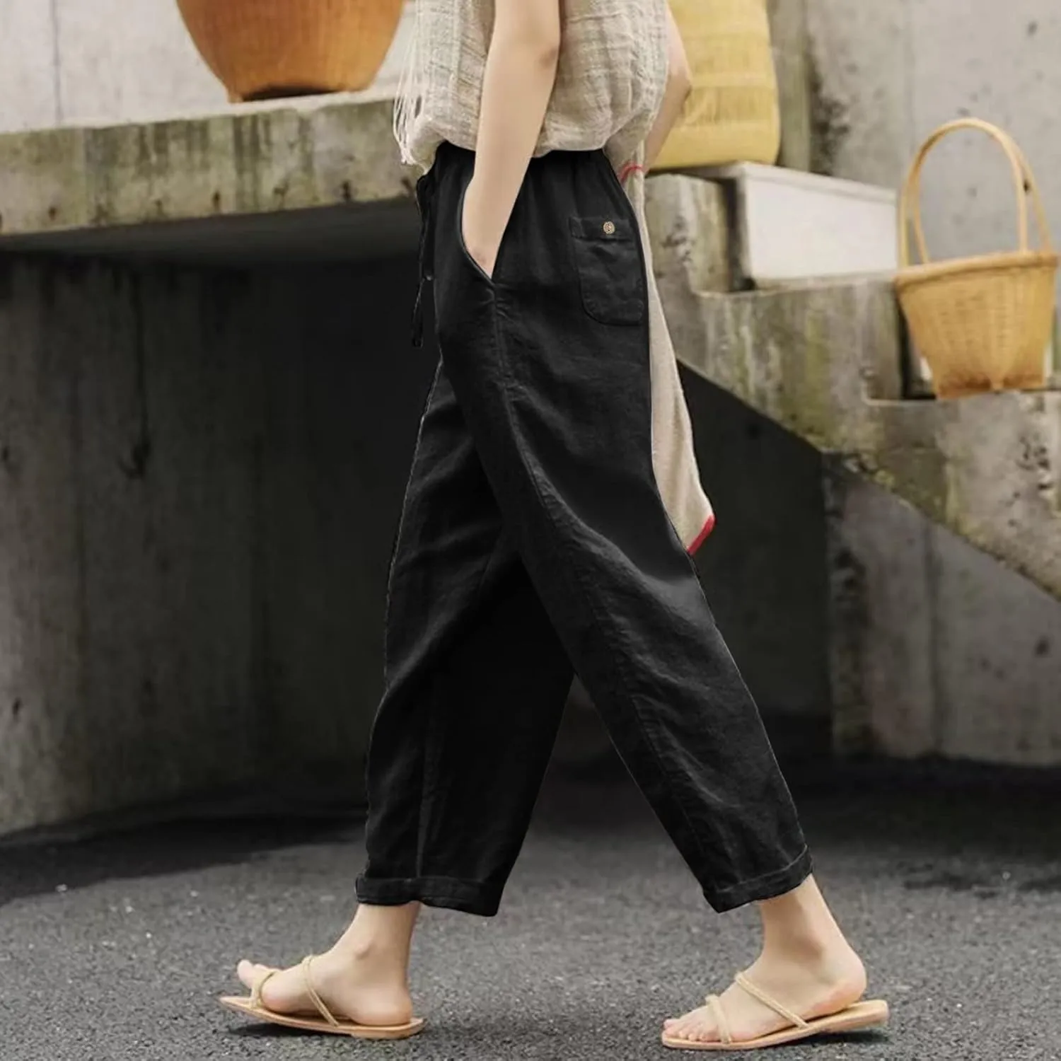 Women Wide Leg Cropped Pants Trendy 2024 Summer Loose Breathable High Waist Drawstring Capri Pant with Pocket for Beach Work