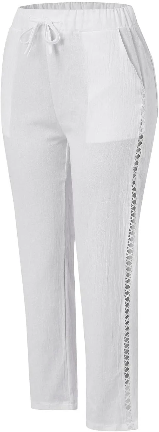 Women Wide Leg Cropped Pants Trendy 2024 Summer Loose Breathable High Waist Drawstring Capri Pant with Pocket for Beach Work