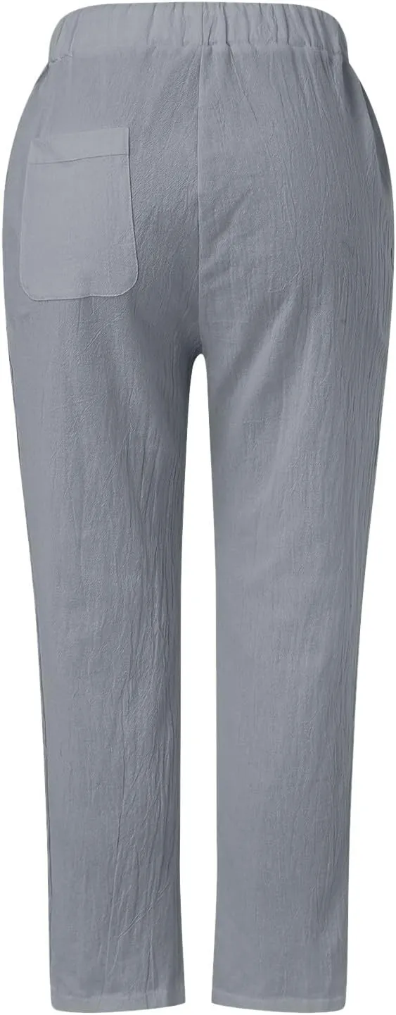 Women Wide Leg Cropped Pants Trendy 2024 Summer Loose Breathable High Waist Drawstring Capri Pant with Pocket for Beach Work