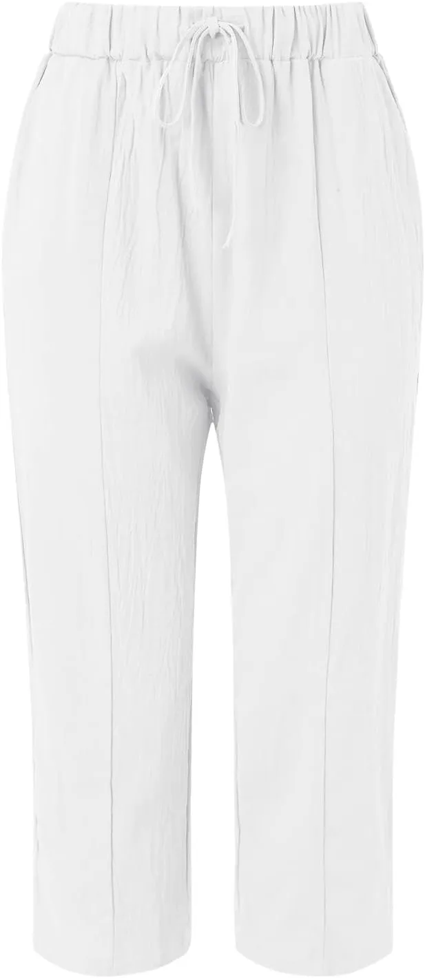 Women Wide Leg Cropped Pants Trendy 2024 Summer Loose Breathable High Waist Drawstring Capri Pant with Pocket for Beach Work