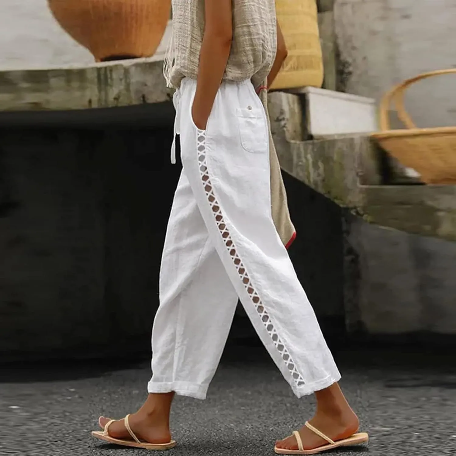 Women Wide Leg Cropped Pants Trendy 2024 Summer Loose Breathable High Waist Drawstring Capri Pant with Pocket for Beach Work