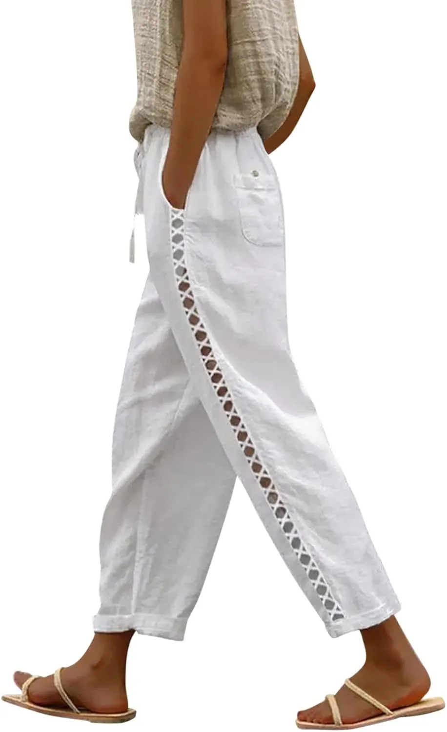 Women Wide Leg Cropped Pants Trendy 2024 Summer Loose Breathable High Waist Drawstring Capri Pant with Pocket for Beach Work