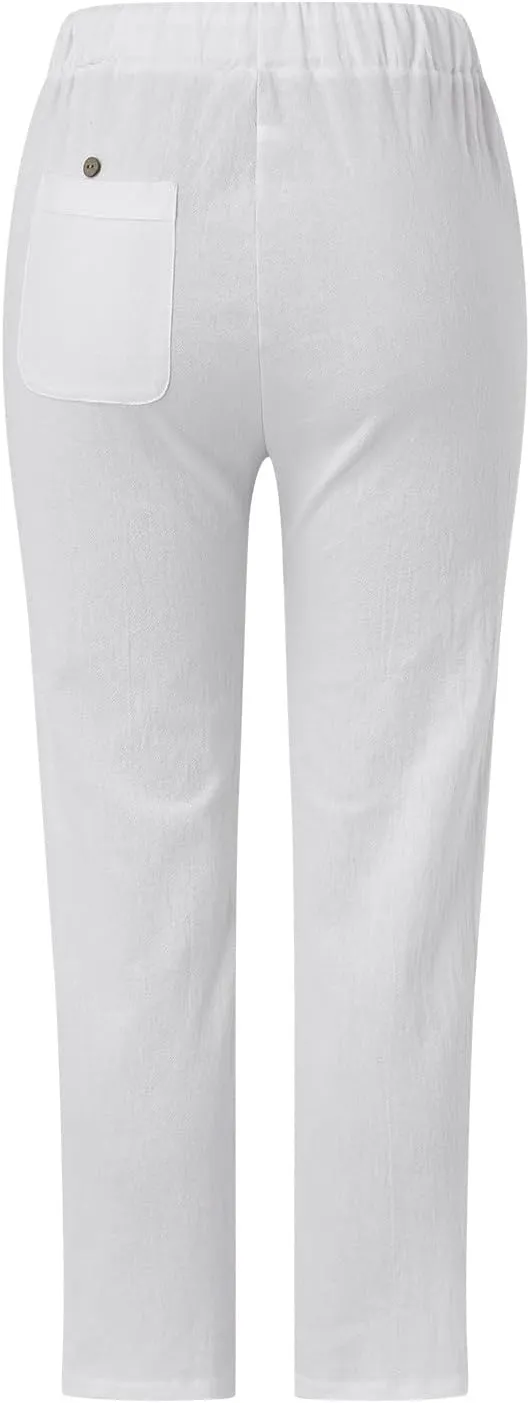 Women Wide Leg Cropped Pants Trendy 2024 Summer Loose Breathable High Waist Drawstring Capri Pant with Pocket for Beach Work
