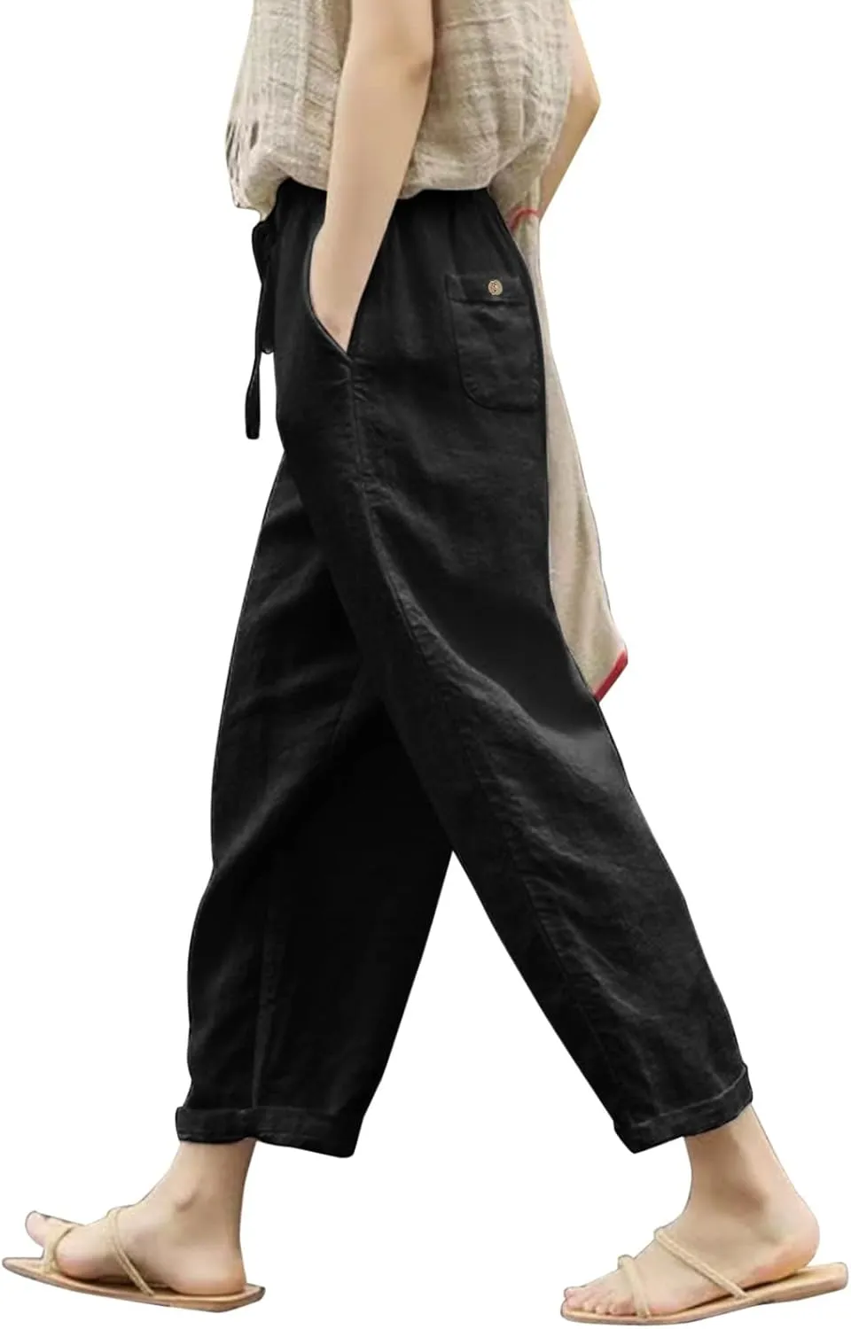 Women Wide Leg Cropped Pants Trendy 2024 Summer Loose Breathable High Waist Drawstring Capri Pant with Pocket for Beach Work