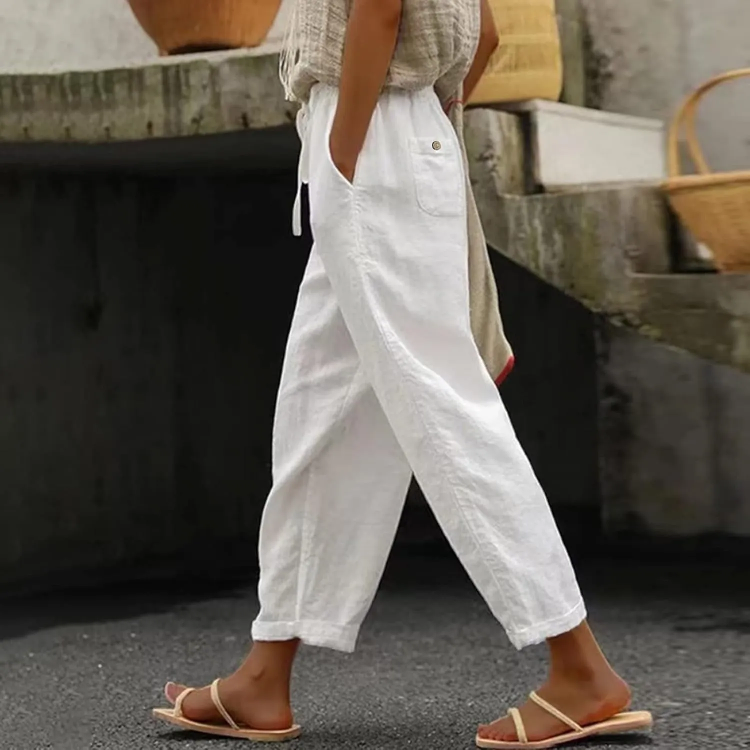 Women Wide Leg Cropped Pants Trendy 2024 Summer Loose Breathable High Waist Drawstring Capri Pant with Pocket for Beach Work