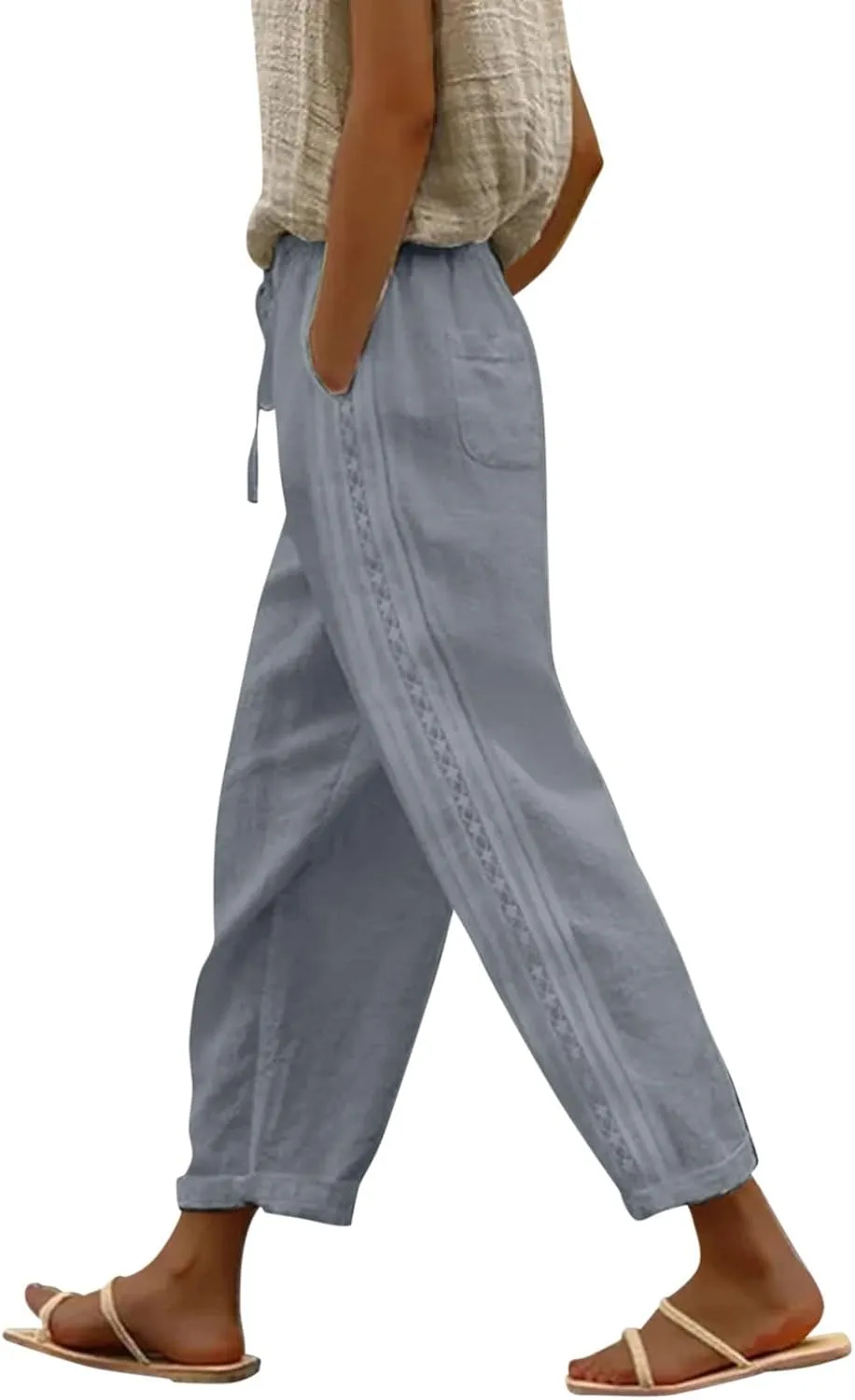 Women Wide Leg Cropped Pants Trendy 2024 Summer Loose Breathable High Waist Drawstring Capri Pant with Pocket for Beach Work