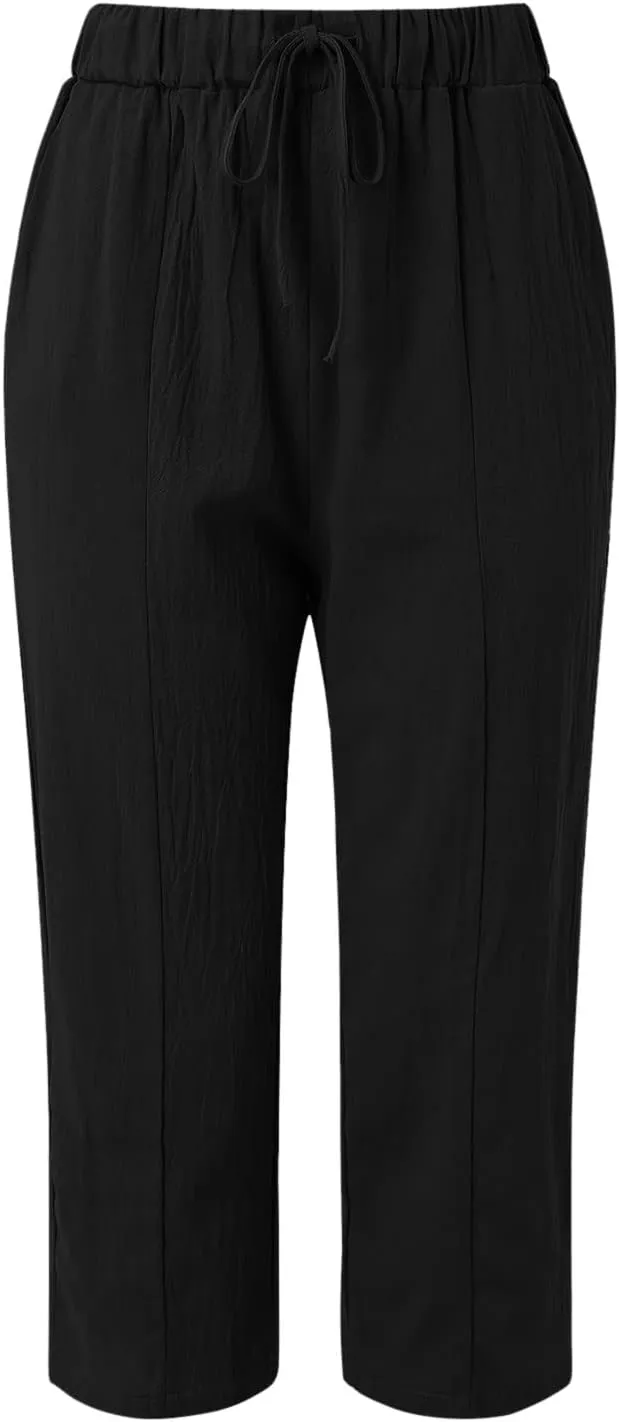 Women Wide Leg Cropped Pants Trendy 2024 Summer Loose Breathable High Waist Drawstring Capri Pant with Pocket for Beach Work
