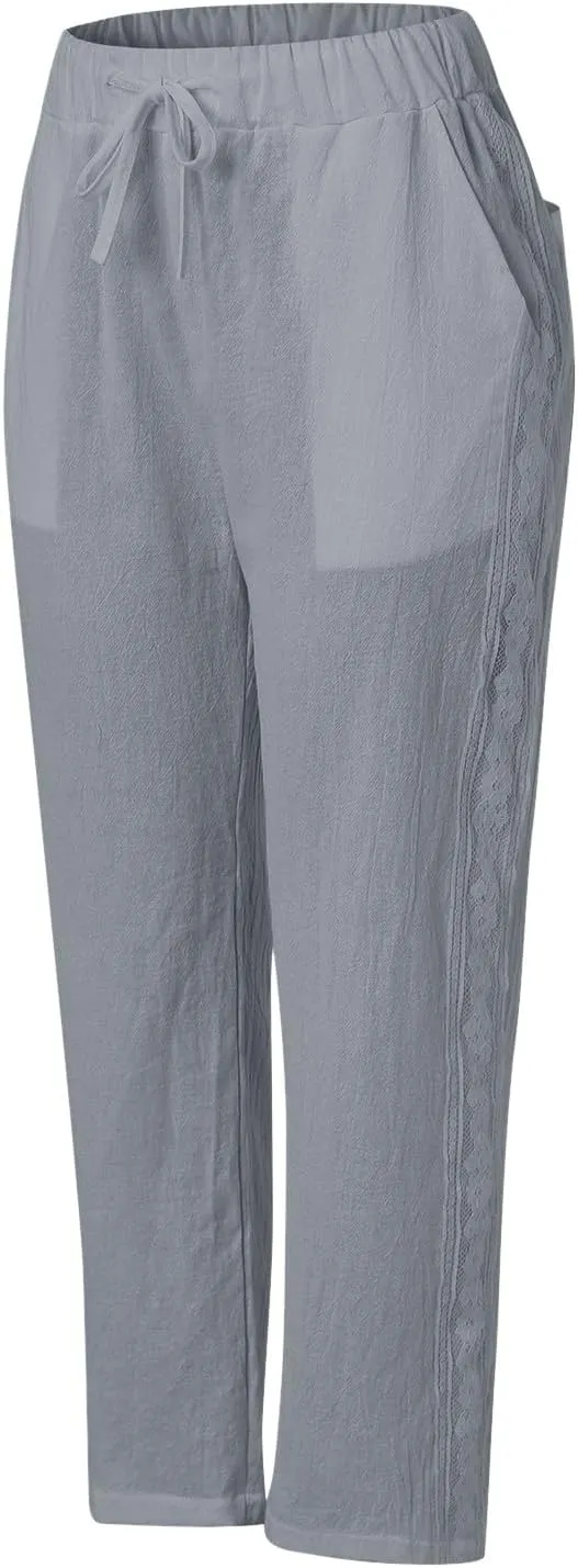 Women Wide Leg Cropped Pants Trendy 2024 Summer Loose Breathable High Waist Drawstring Capri Pant with Pocket for Beach Work