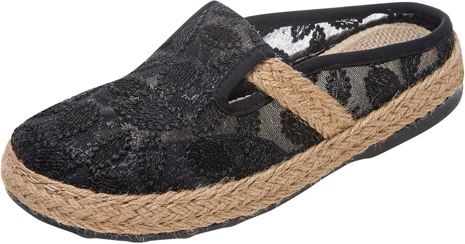 Women Woven Loafers Linen Half Pack Shoes with Ethnic Embroidery and Snow Chains (3.5 UK Bk1)
