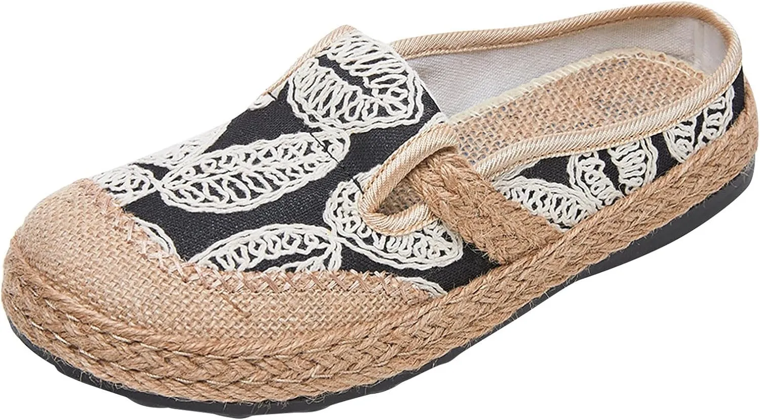 Women Woven Loafers Linen Half Pack Shoes with Ethnic Embroidery and Snow Chains (4 UK Bk2)