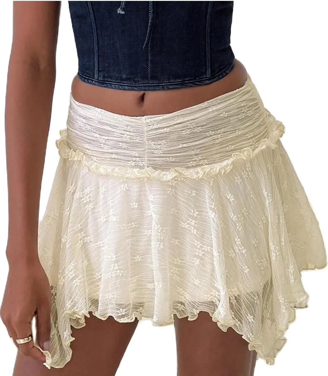 Women Y2k Lace Slip Mini Skirt Underskirt Flowy Pleated Asymmetrical Ruffle Mesh Short Skirt Going Out Fairy Skirts