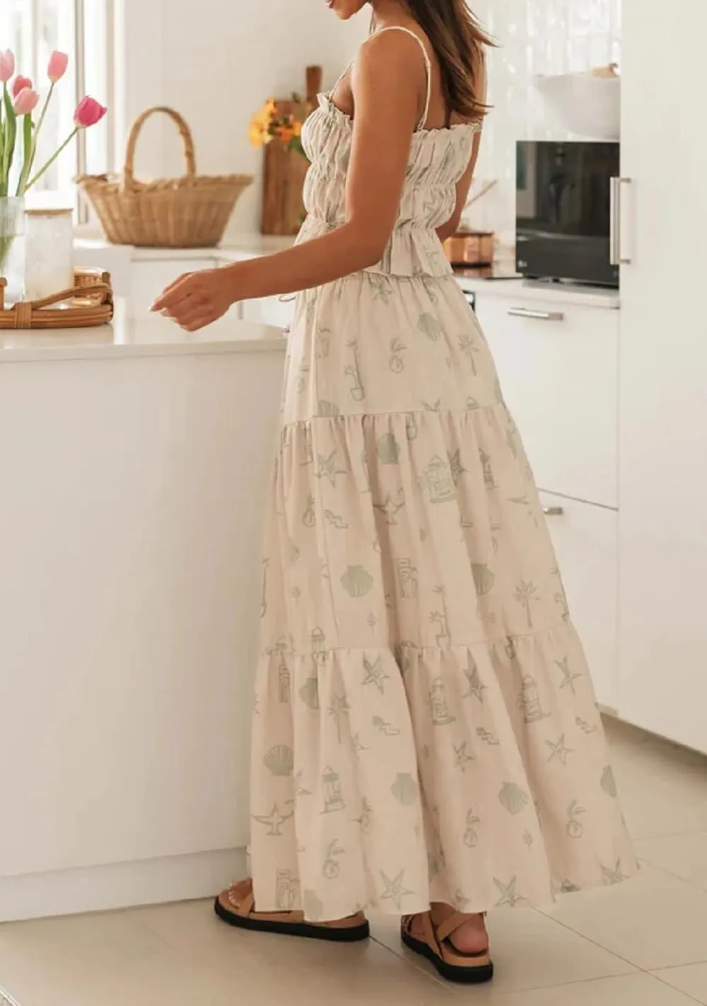 Women Y2K Ruffle 2 Piece Skirt Set Spaghetti Strap Ruched Cami Top Tiered Flowy Long Skirt Boho Beach Outfits