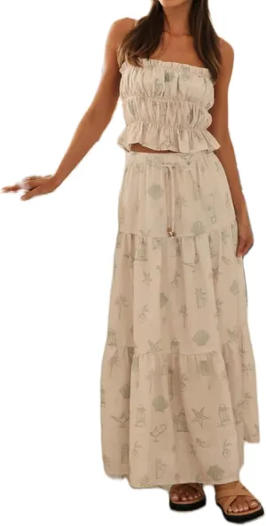 Women Y2K Ruffle 2 Piece Skirt Set Spaghetti Strap Ruched Cami Top Tiered Flowy Long Skirt Boho Beach Outfits