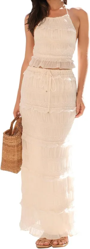 Women Y2K Ruffle 2 Piece Skirt Set Spaghetti Strap Ruched Cami Top Tiered Flowy Long Skirt Boho Beach Outfits