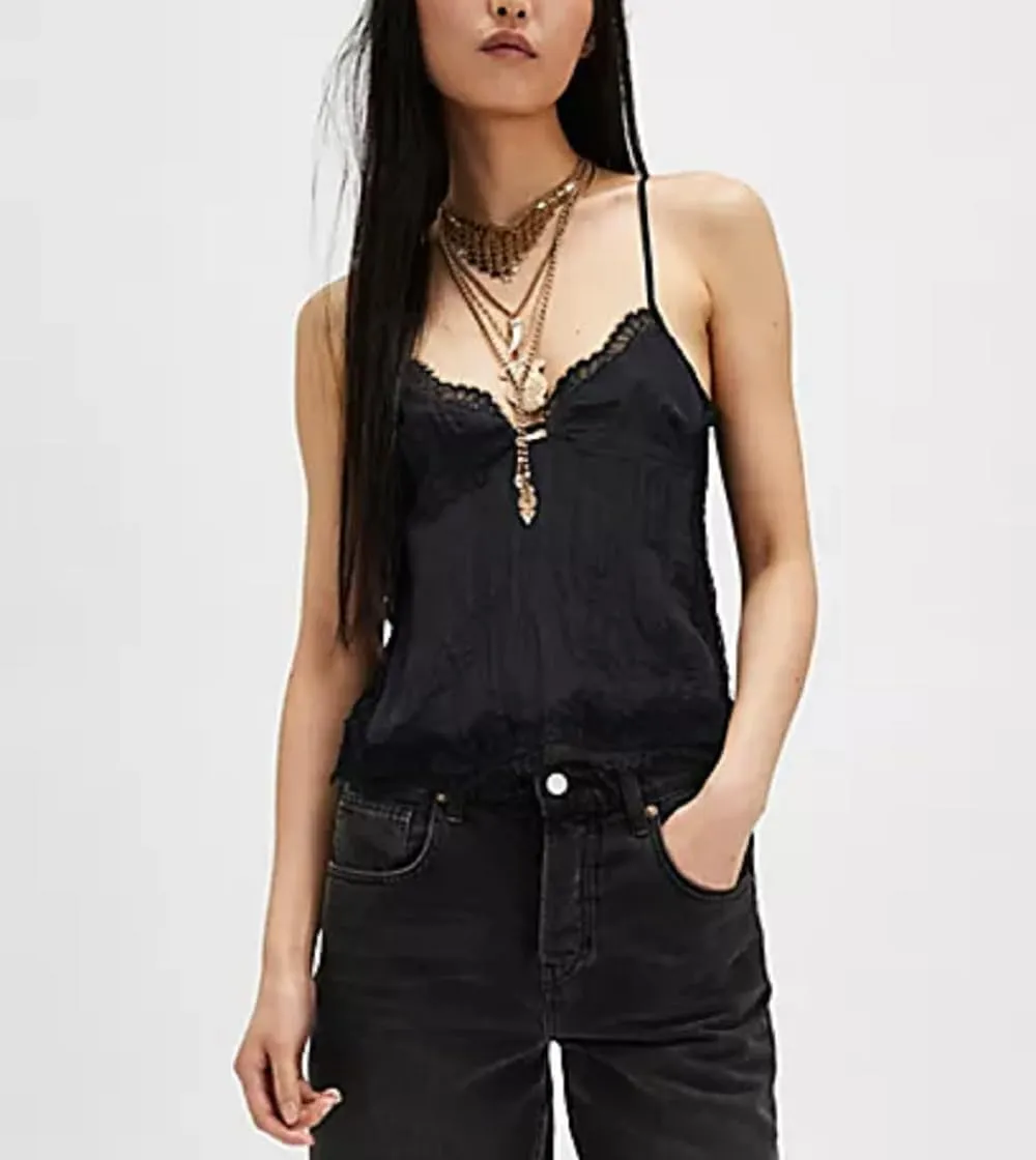 Women Y2k V Neck Lace Trim Tank Top Sheer Mesh Backless Crop Cami Tops Spaghetti Strap Tie Up Camisole Streetwear