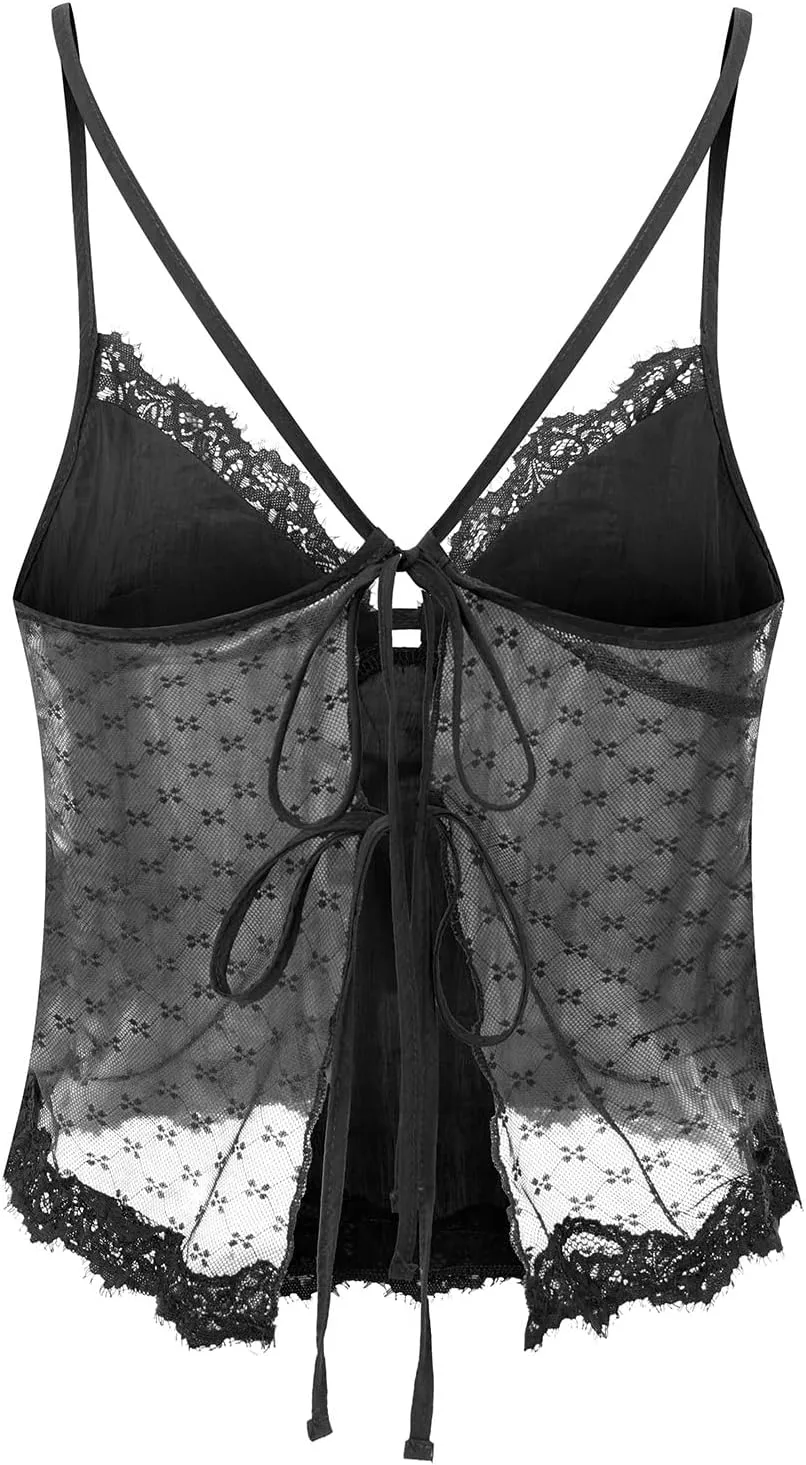 Women Y2k V Neck Lace Trim Tank Top Sheer Mesh Backless Crop Cami Tops Spaghetti Strap Tie Up Camisole Streetwear