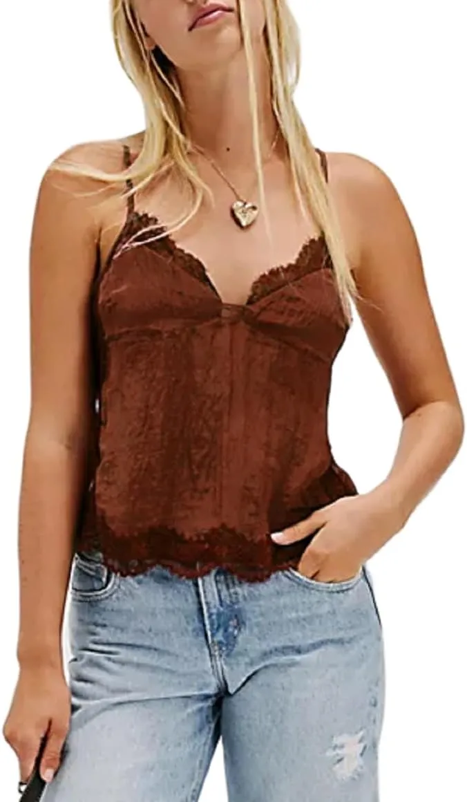 Women Y2k V Neck Lace Trim Tank Top Sheer Mesh Backless Crop Cami Tops Spaghetti Strap Tie Up Camisole Streetwear