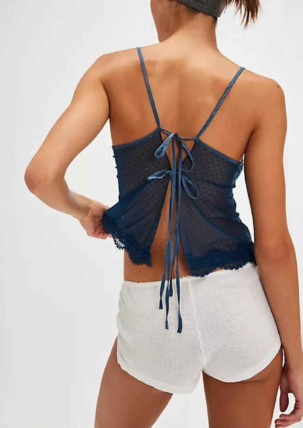 Women Y2k V Neck Lace Trim Tank Top Sheer Mesh Backless Crop Cami Tops Spaghetti Strap Tie Up Camisole Streetwear