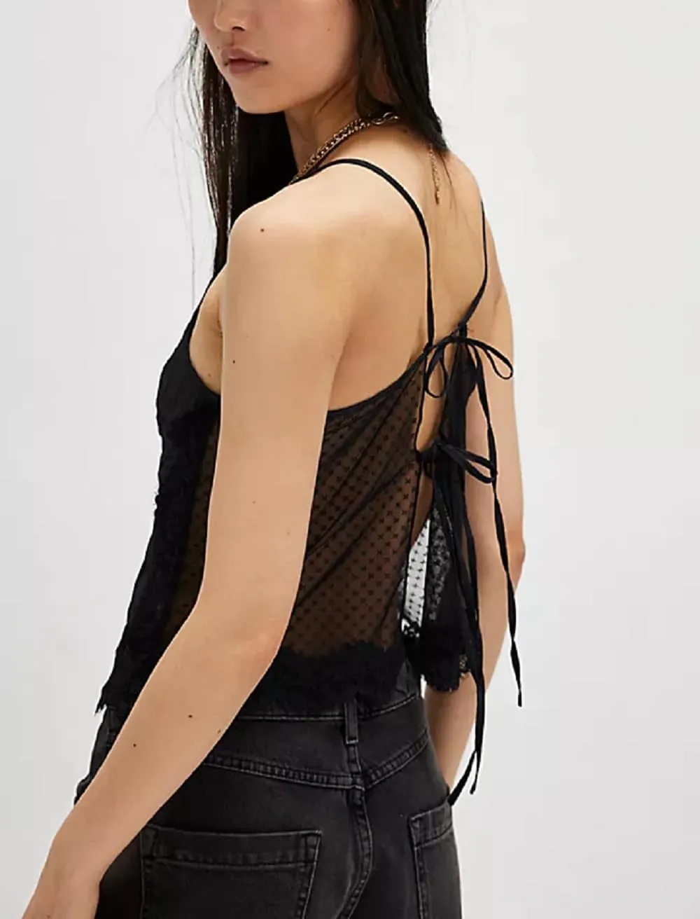 Women Y2k V Neck Lace Trim Tank Top Sheer Mesh Backless Crop Cami Tops Spaghetti Strap Tie Up Camisole Streetwear