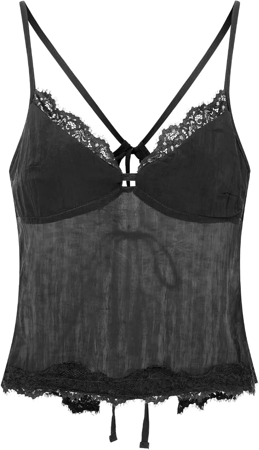 Women Y2k V Neck Lace Trim Tank Top Sheer Mesh Backless Crop Cami Tops Spaghetti Strap Tie Up Camisole Streetwear